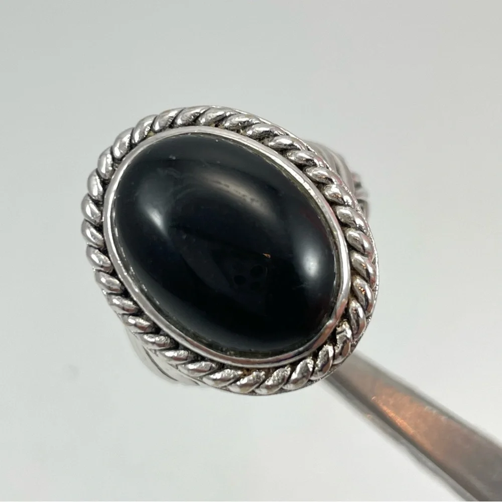 Stunning Oval Cut Faux Onyx Silver Tone Statement Ring Art Deco Sz 9